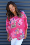 Isolde Botanical Print Linen Top Fuchsia
