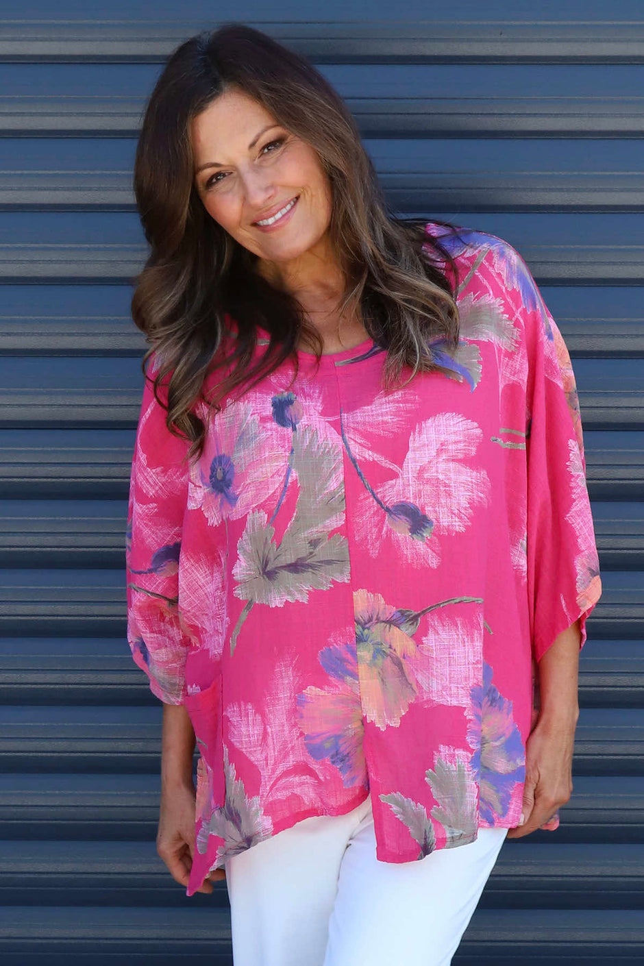 Isolde Botanical Print Linen Top Fuchsia