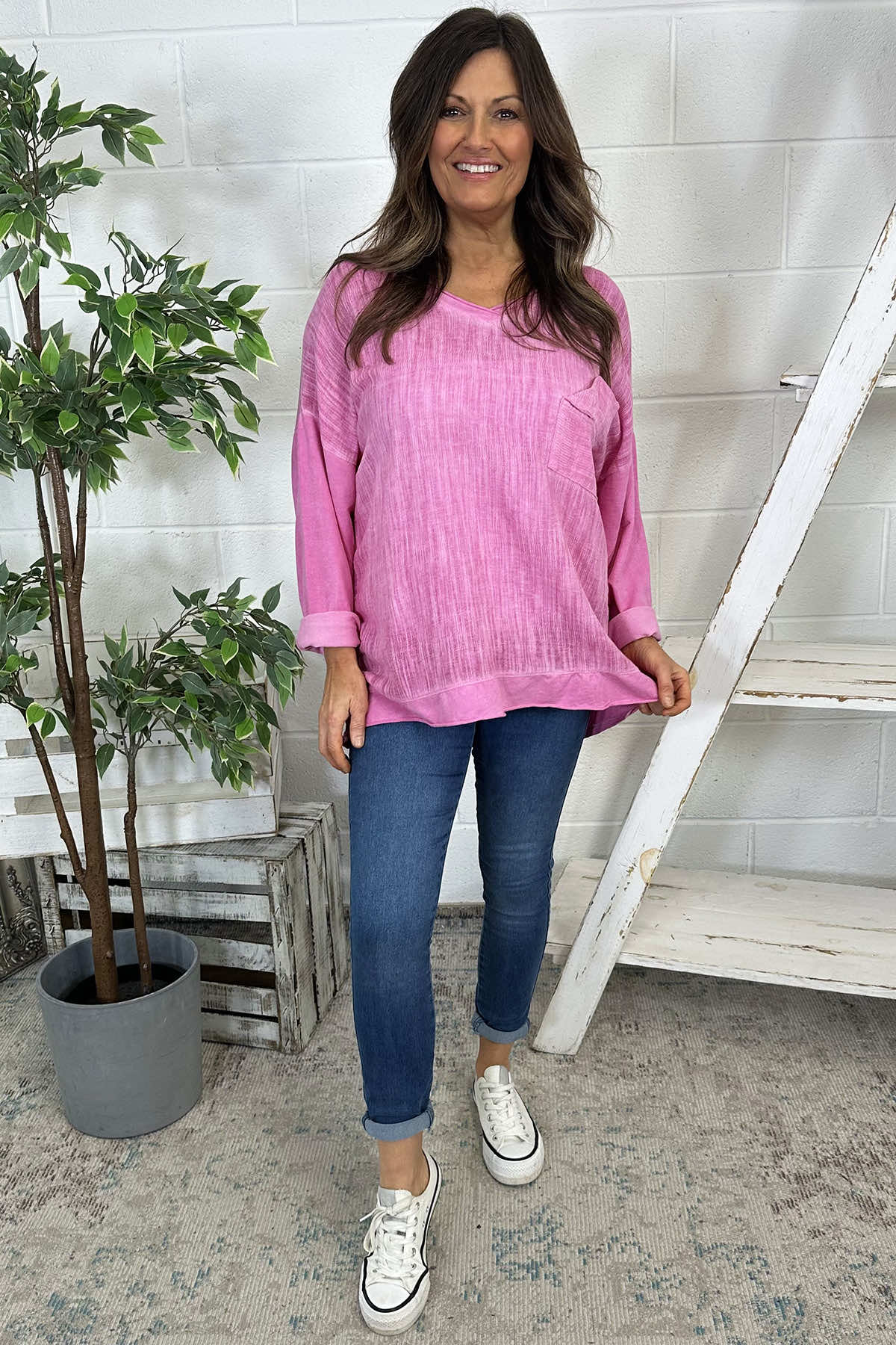 Flora Washed Cotton Pocket Top Fuchsia