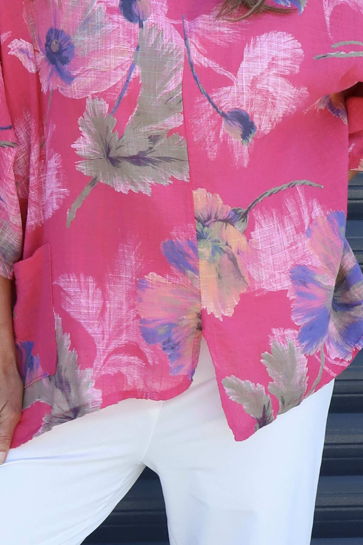Isolde Botanical Print Linen Top Fuchsia