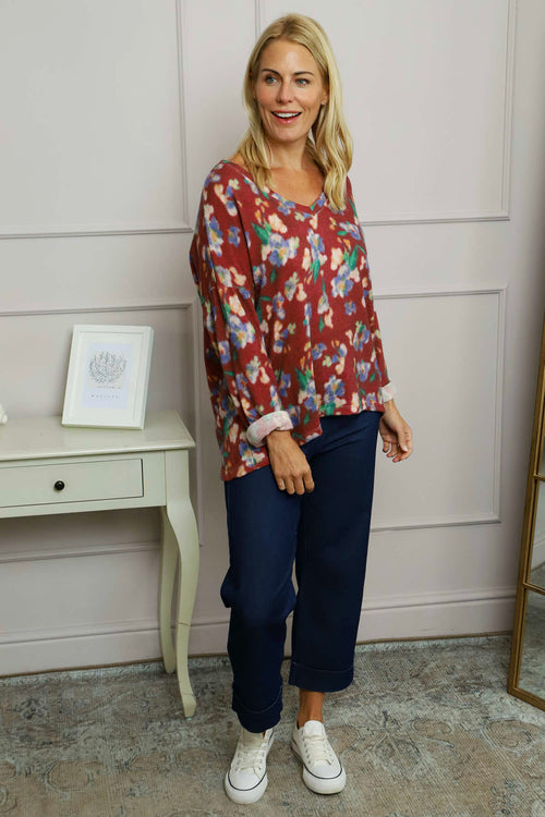 Kirsty Flower V-Neck Knit Top Wine - Image 2