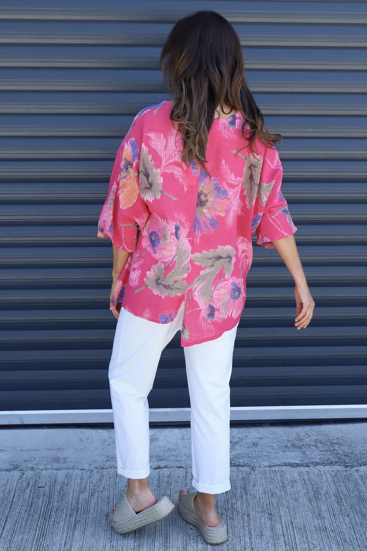 Isolde Botanical Print Linen Top Fuchsia