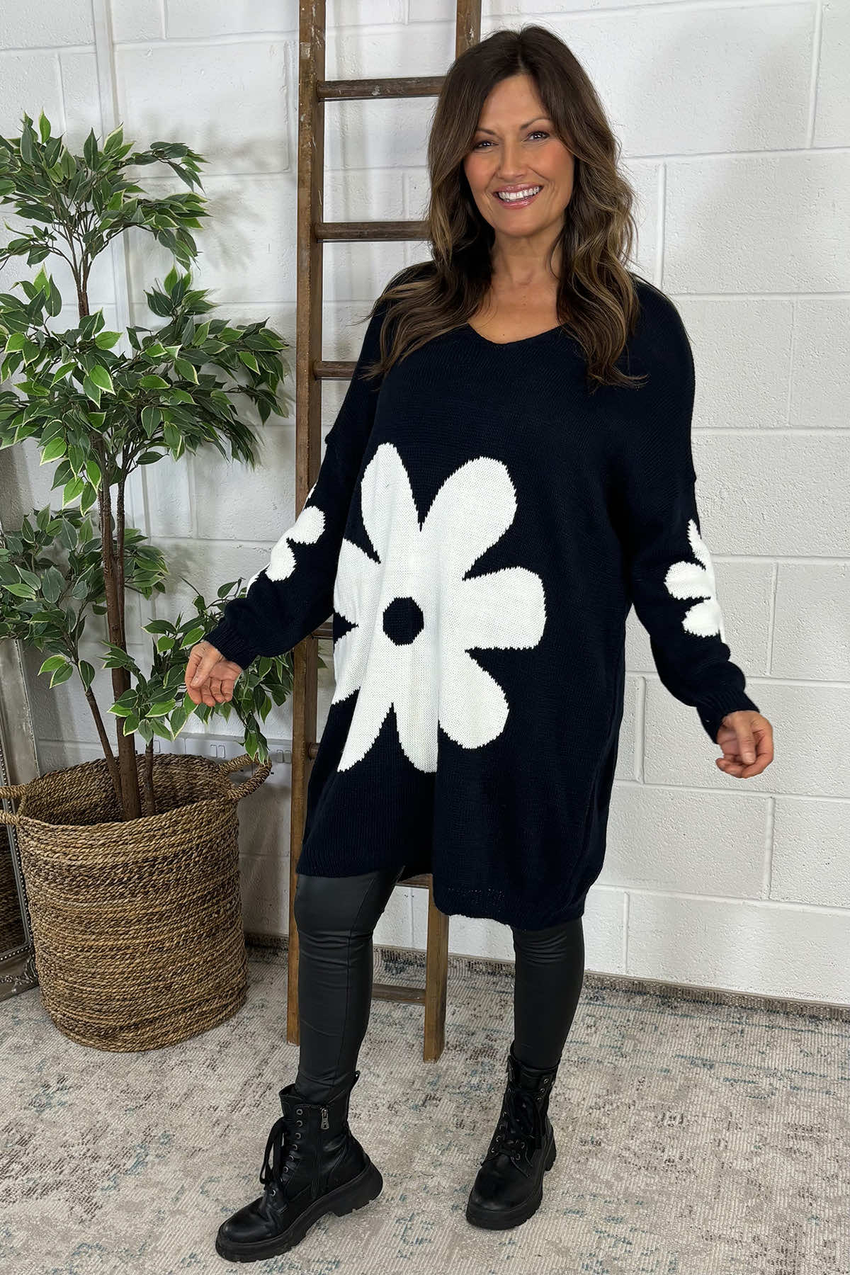 Joan Flower Knitted Jumper Dress Navy