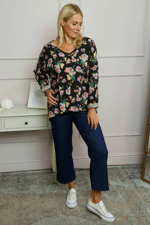 Kirsty Flower V-Neck Knit Top Black - Image 2