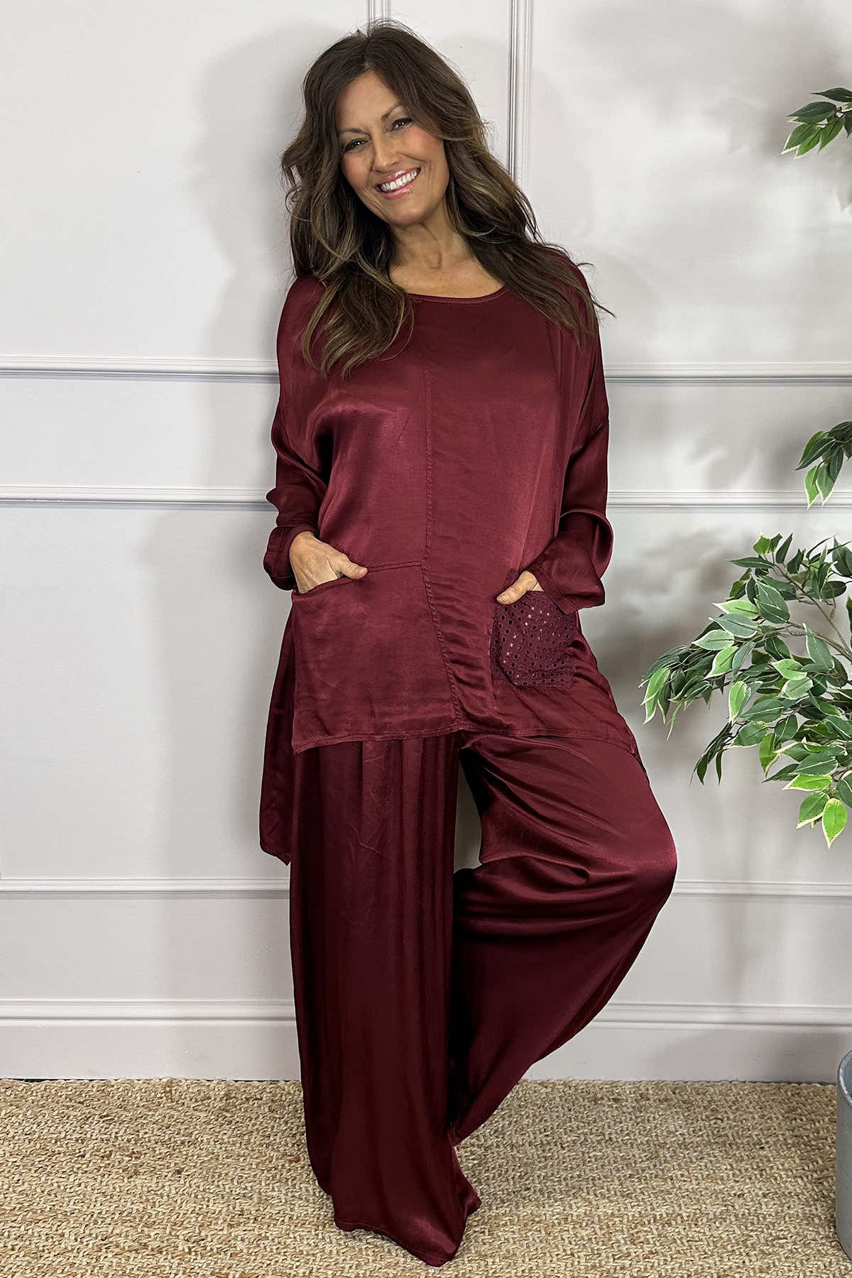 Cassidy Pocket Dip Side Satin Top Wine