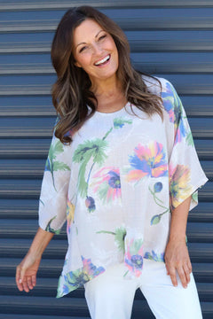 Isolde Botanical Print Linen Top Stone