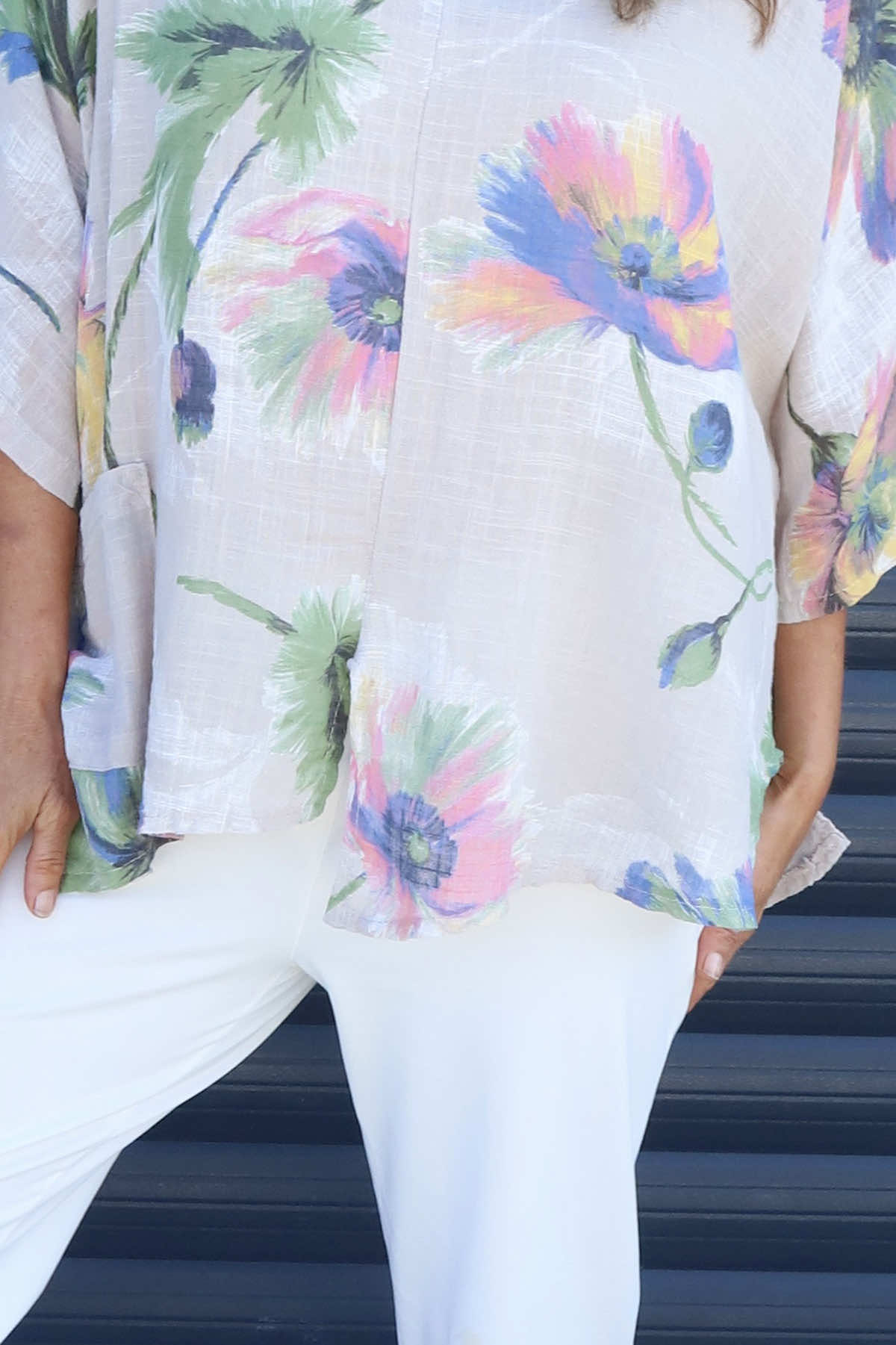Isolde Botanical Print Linen Top Stone
