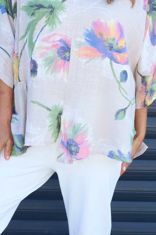 Isolde Botanical Print Linen Top Stone - Image 3