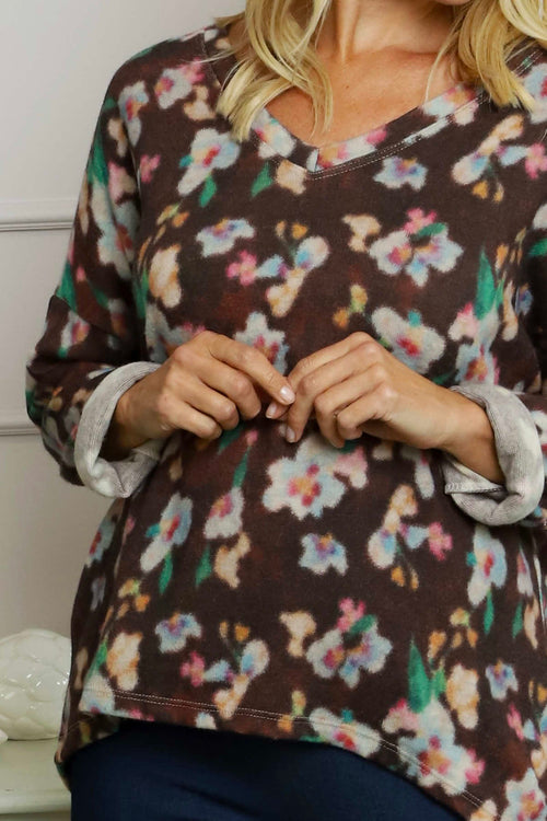 Kirsty Flower V-Neck Knit Top Cocoa - Image 3