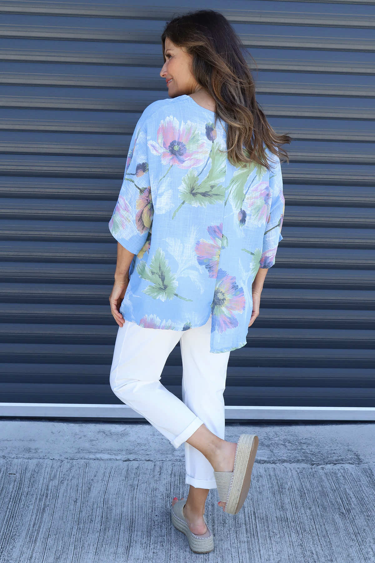 Isolde Botanical Print Linen Top Powder Blue