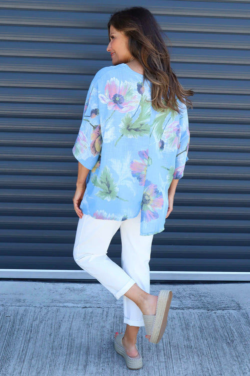 Isolde Botanical Print Linen Top Powder Blue - Image 4