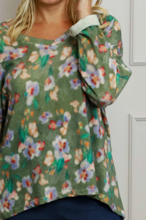 Kirsty Flower V-Neck Knit Top Khaki - Image 3