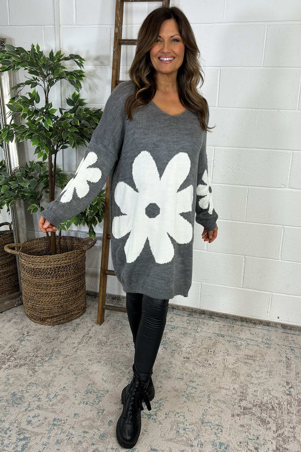 Joan Flower Knitted Jumper Dress Grey