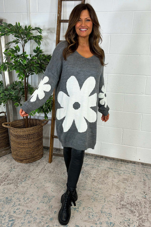 Joan Flower Knitted Jumper Dress Grey - Image 3