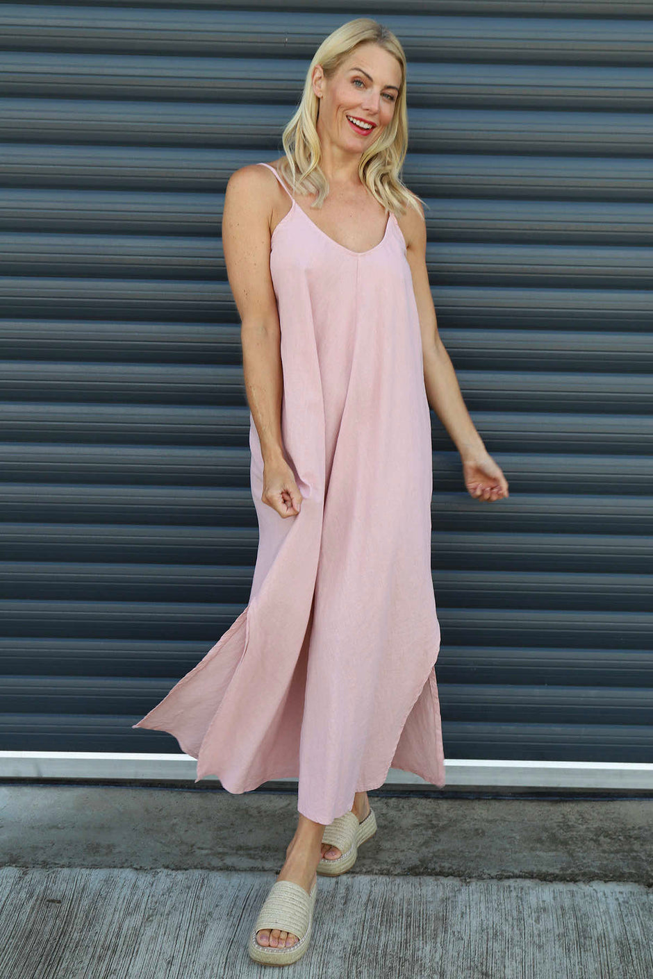 Cesca Strap Linen Dress Pink