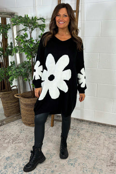 Joan Flower Knitted Jumper Dress Black