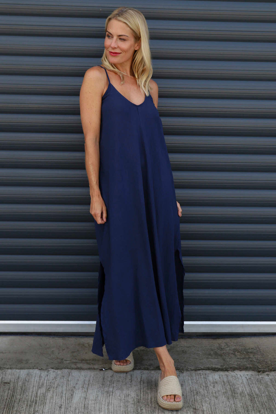 Cesca Strap Linen Dress Navy