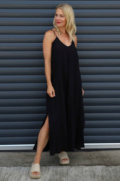 Cesca Strap Linen Dress Black