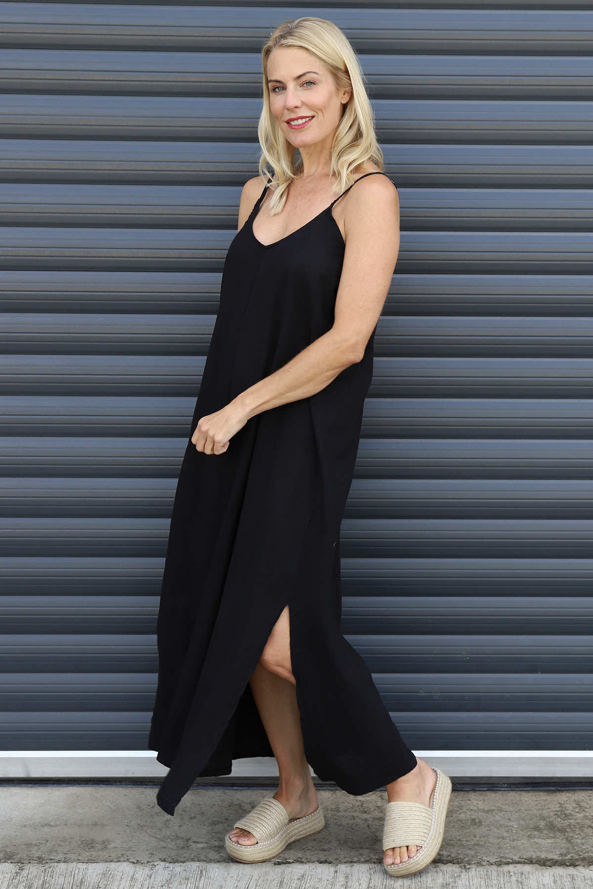Cesca Strap Linen Dress Black