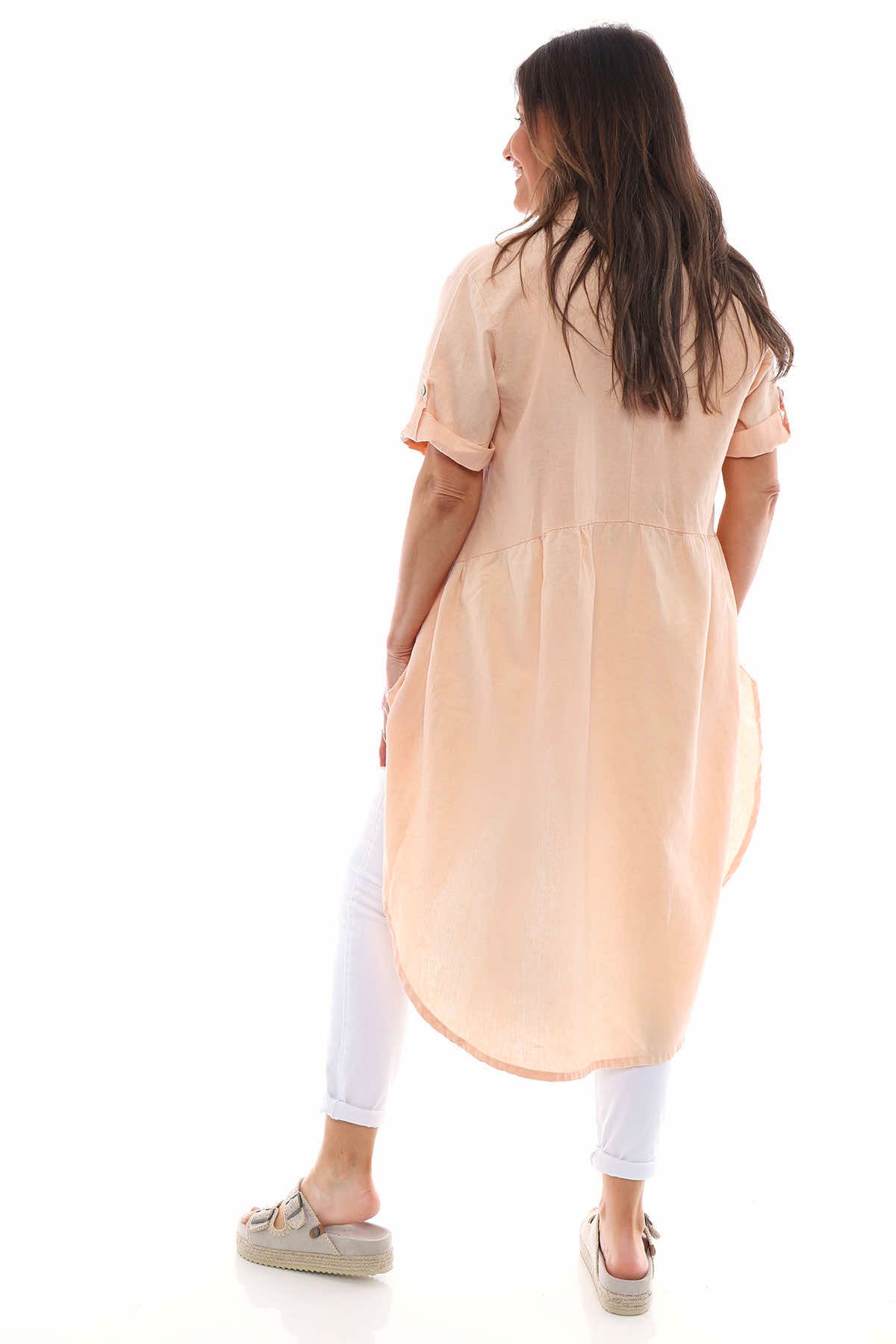 Libertie Washed Dipped Hem Linen Shirt Coral