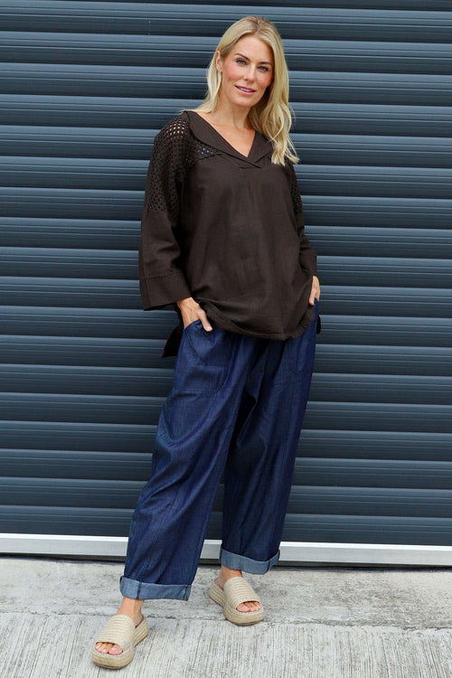 Natasha Crochet Shoulder Linen Top Cocoa - Image 2