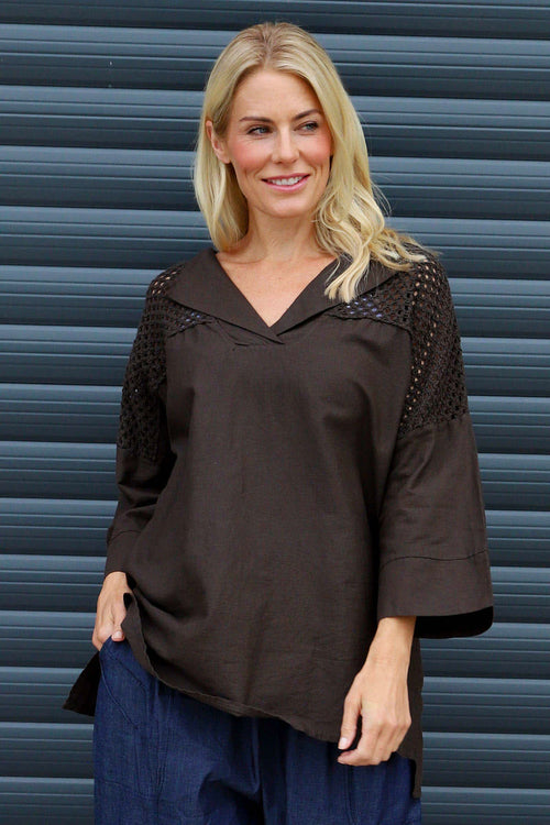 Natasha Crochet Shoulder Linen Top Cocoa - Image 1