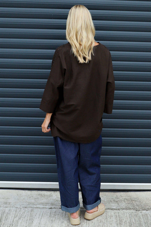 Natasha Crochet Shoulder Linen Top Cocoa - Image 4