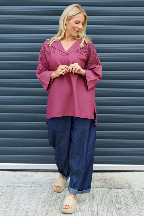 Natasha Crochet Shoulder Linen Top Wine - Image 2
