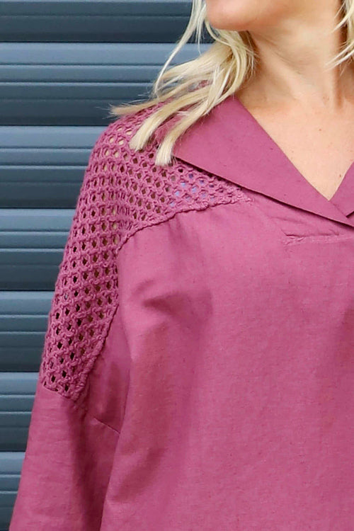Natasha Crochet Shoulder Linen Top Wine - Image 3