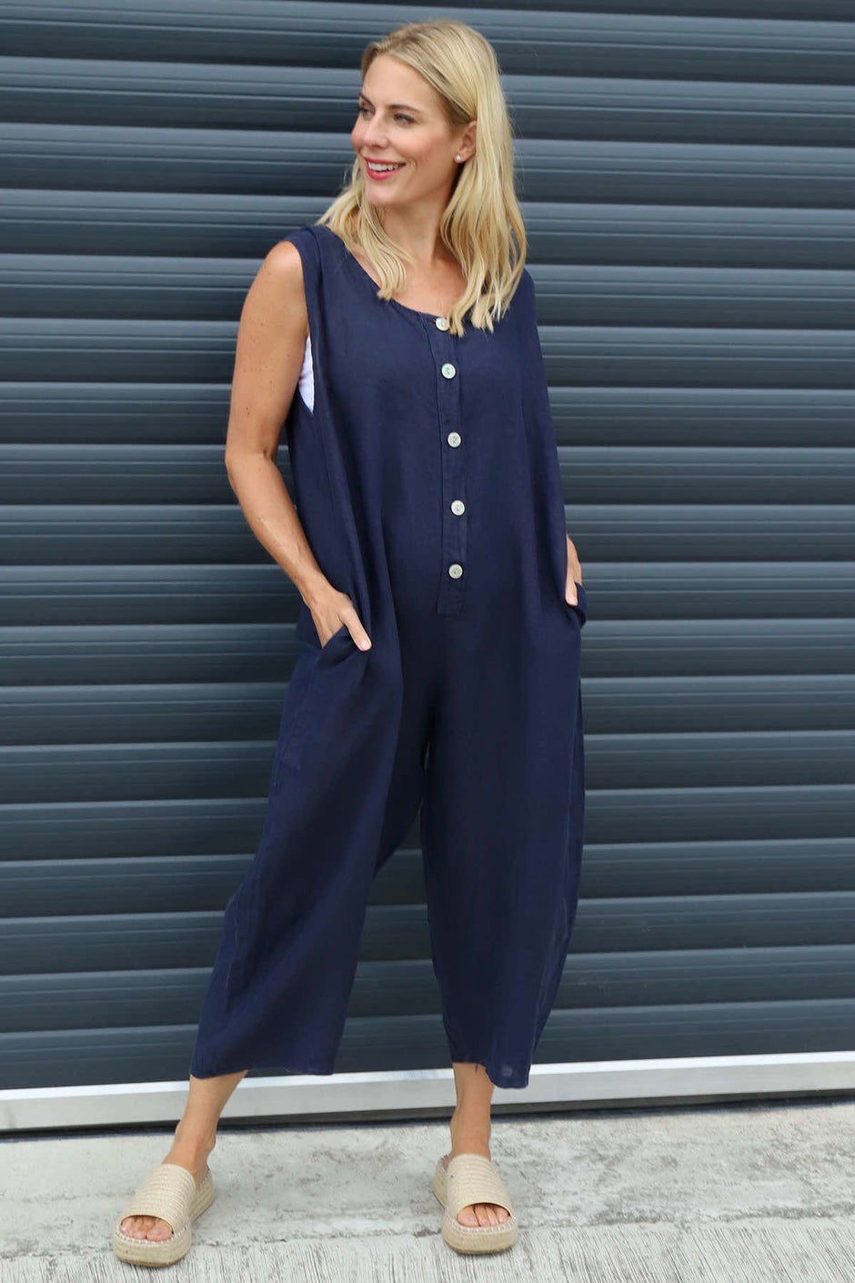 Margot Sleeveless Linen Jumpsuit Navy