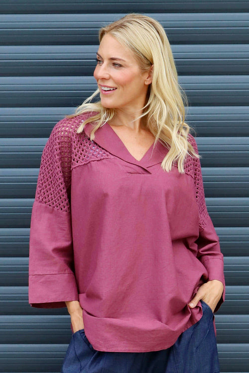 Natasha Crochet Shoulder Linen Top Wine - Image 1