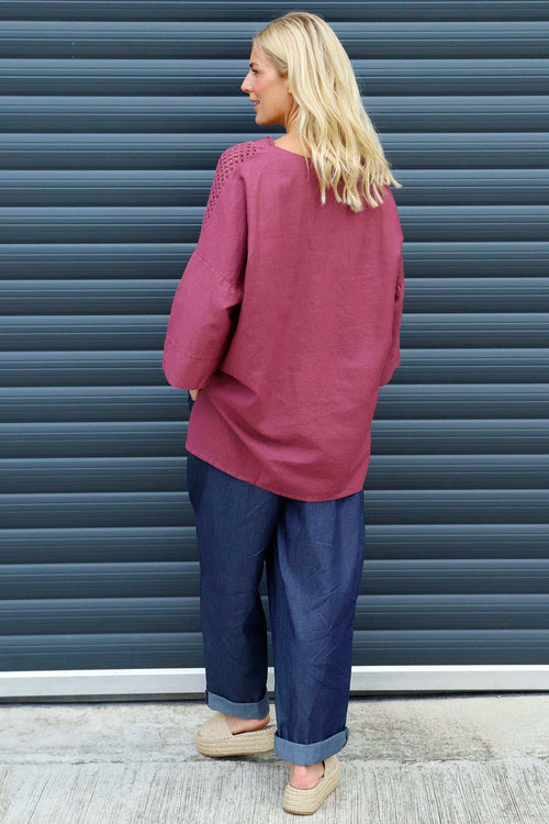 Natasha Crochet Shoulder Linen Top Wine - Image 4