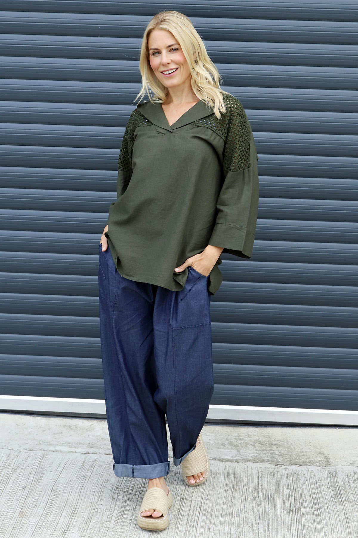 Natasha Crochet Shoulder Linen Top Dark Khaki