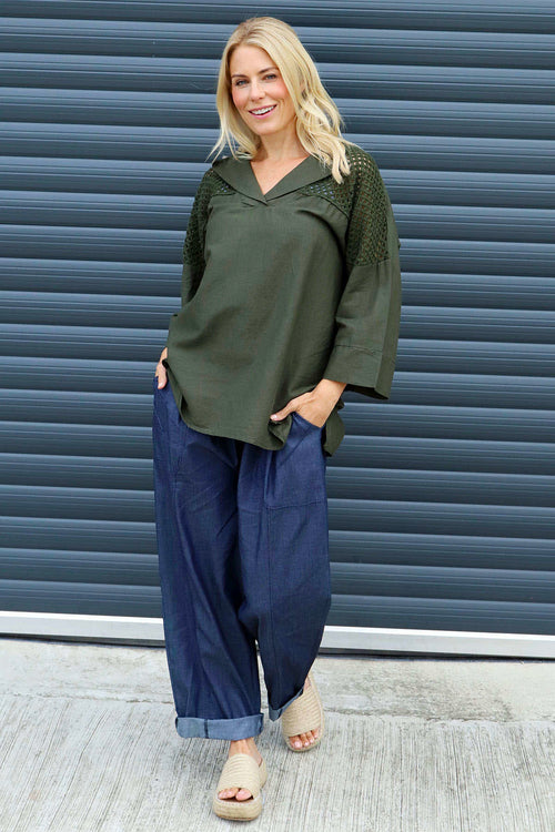 Natasha Crochet Shoulder Linen Top Dark Khaki - Image 2