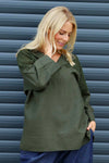 Natasha Crochet Shoulder Linen Top Dark Khaki