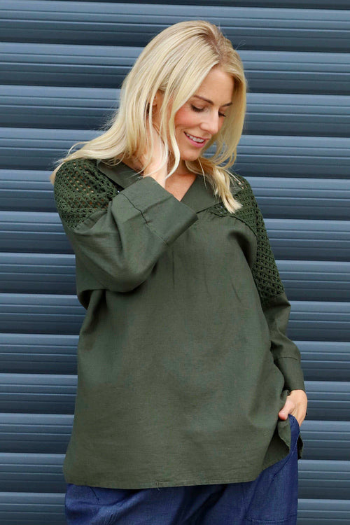 Natasha Crochet Shoulder Linen Top Dark Khaki - Image 1
