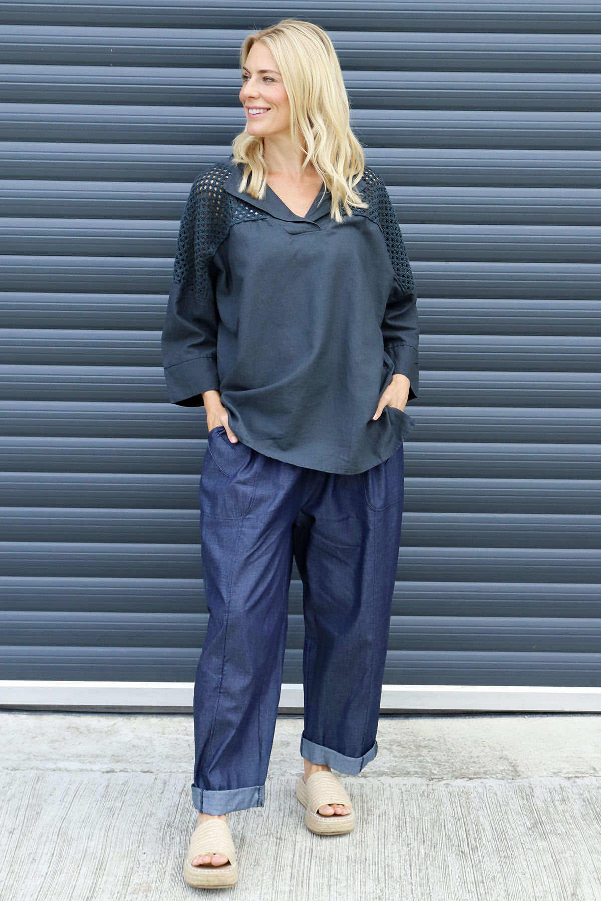 Natasha Crochet Shoulder Linen Top Charcoal