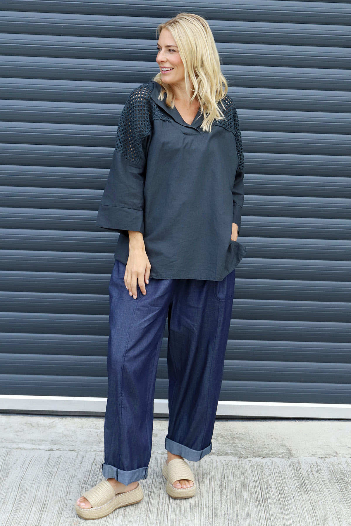 Natasha Crochet Shoulder Linen Top Charcoal