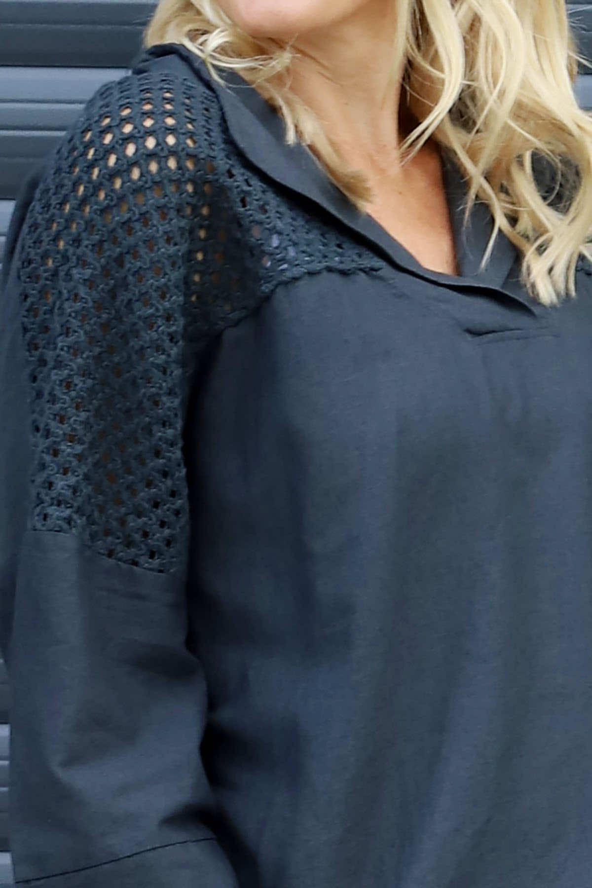 Natasha Crochet Shoulder Linen Top Charcoal