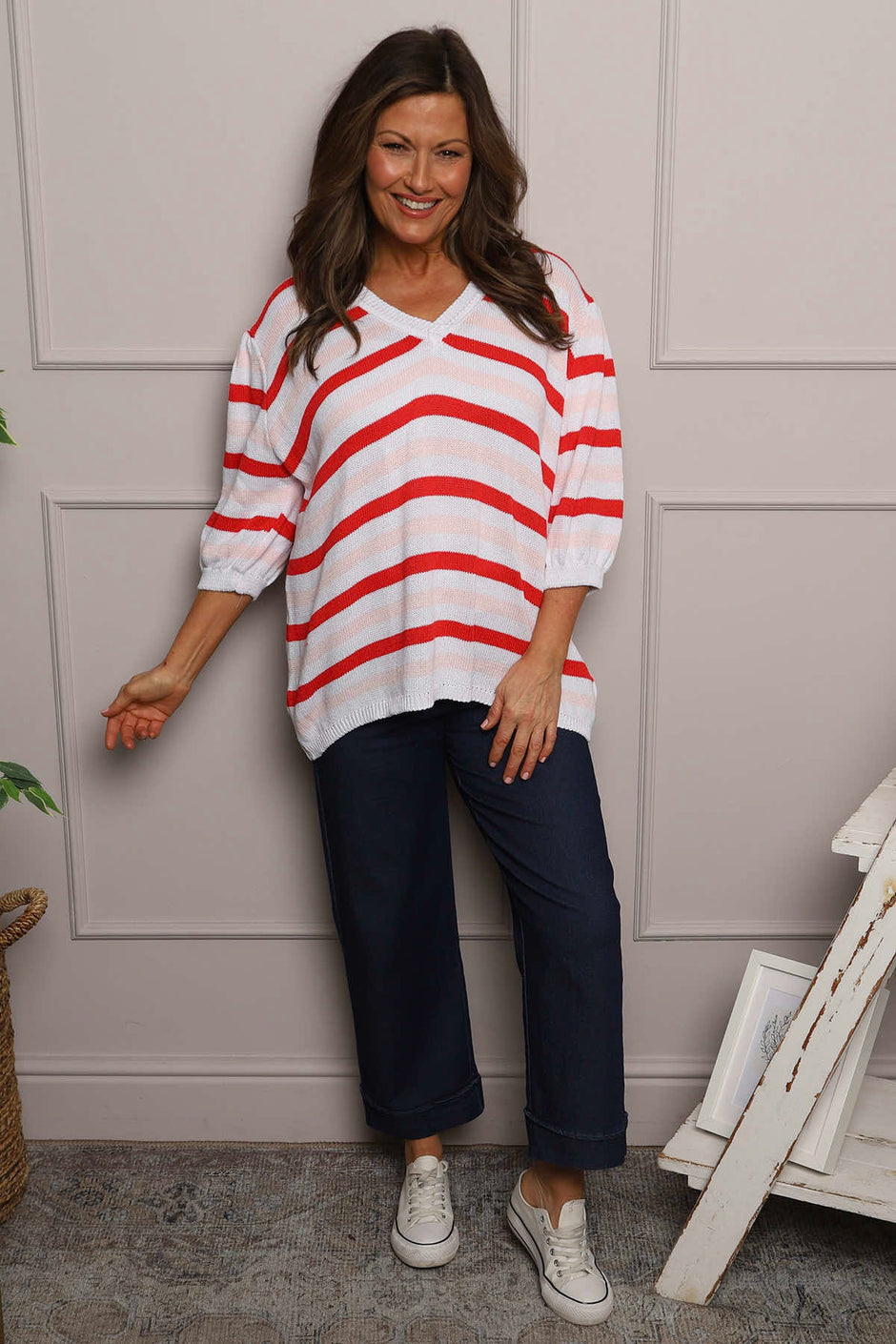 Gladys Stripe Knit Cotton Top Red