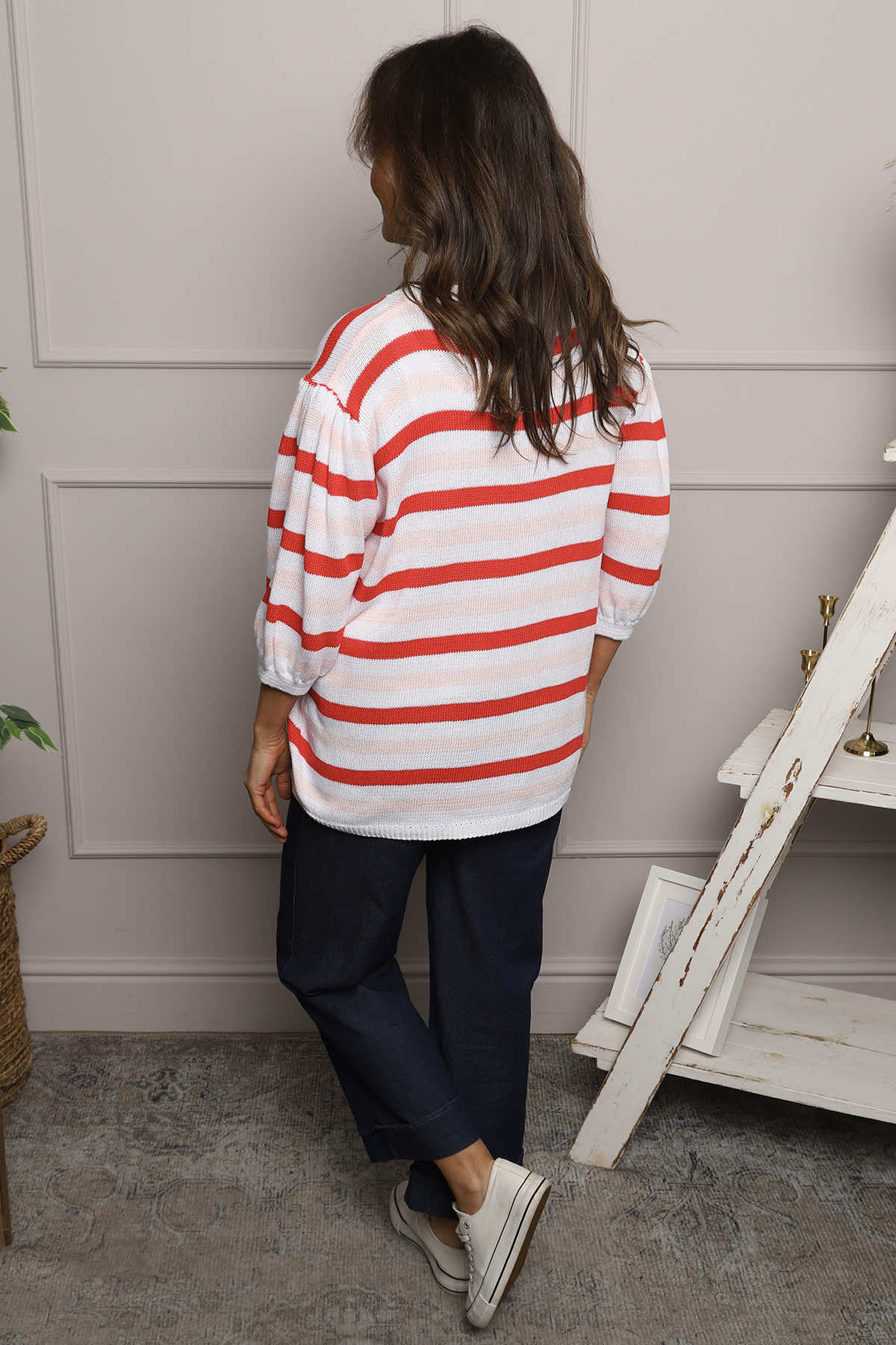 Gladys Stripe Knit Cotton Top Red