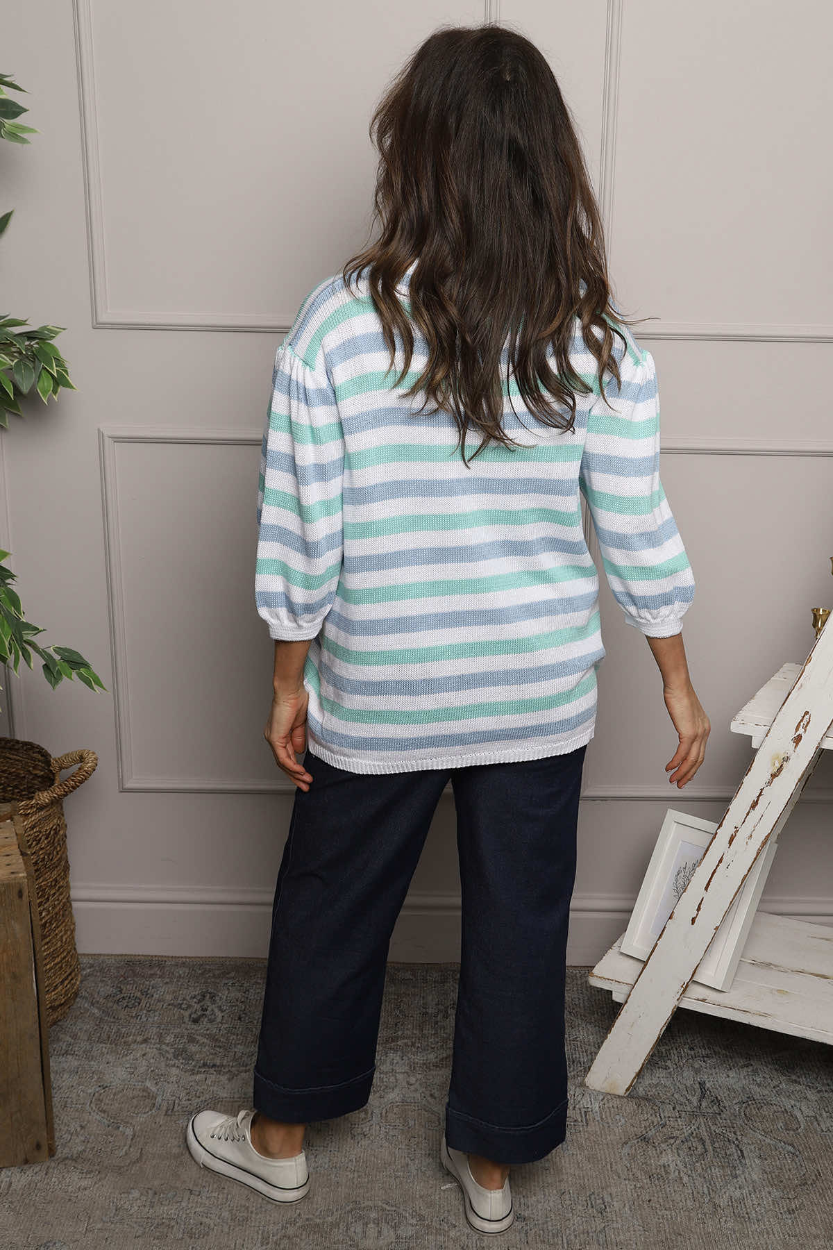Gladys Stripe Knit Cotton Top Blue