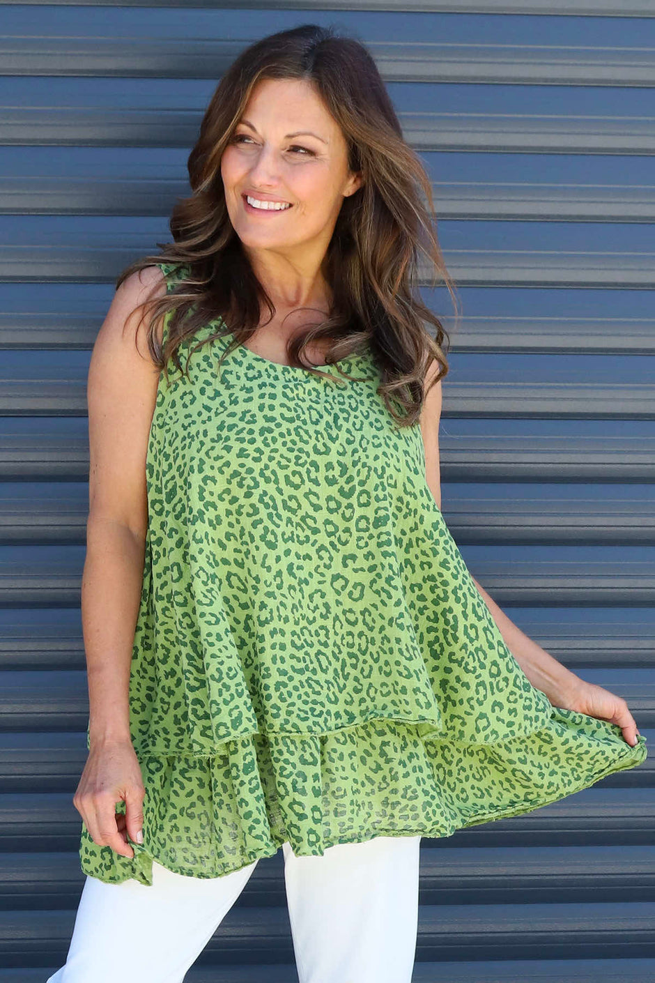 Anabella Leopard Print Sleeveless Top Green