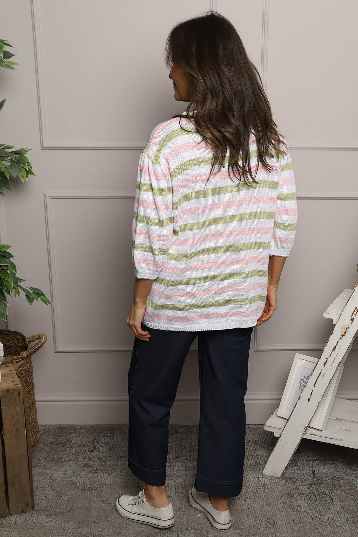 Gladys Stripe Knit Cotton Top Pink