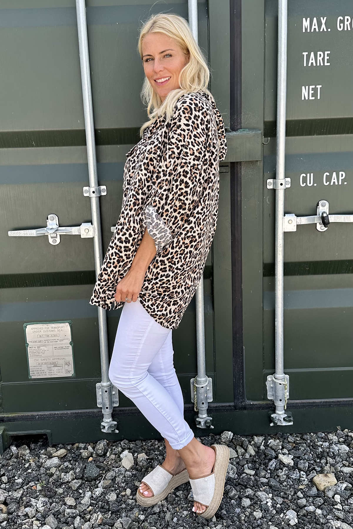 Carly Leopard Print Button Hooded Top Stone