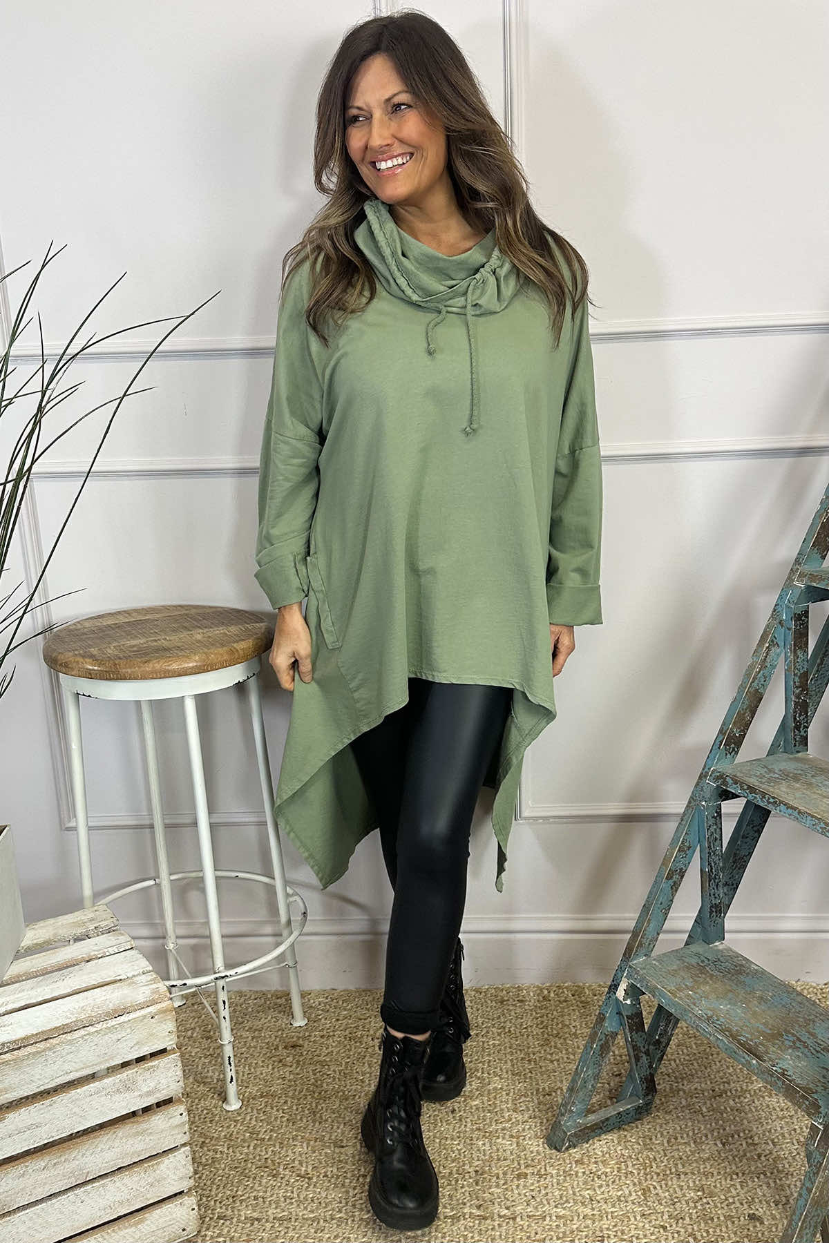 Evita Cowl Neck Cotton Top Khaki