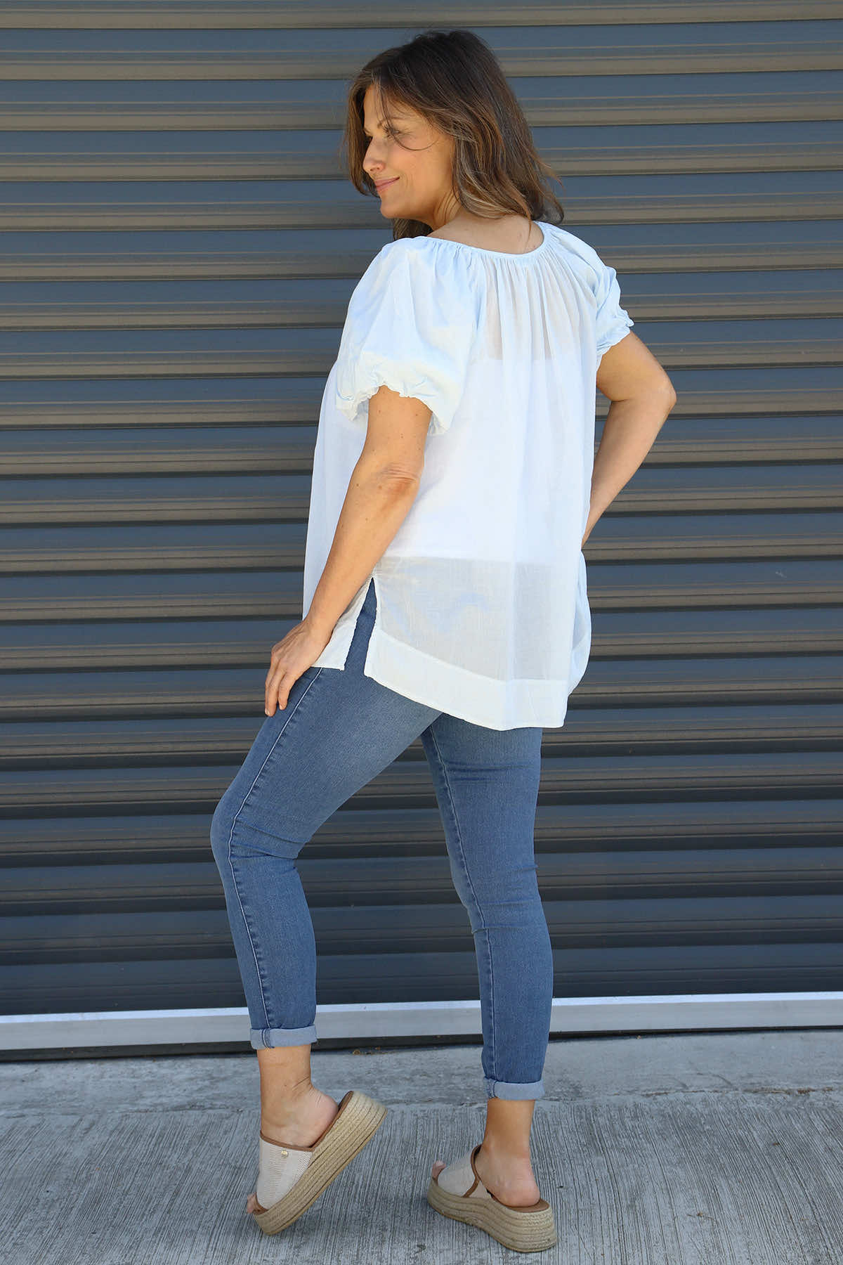Bude Puff Sleeve Cotton Top Light Blue