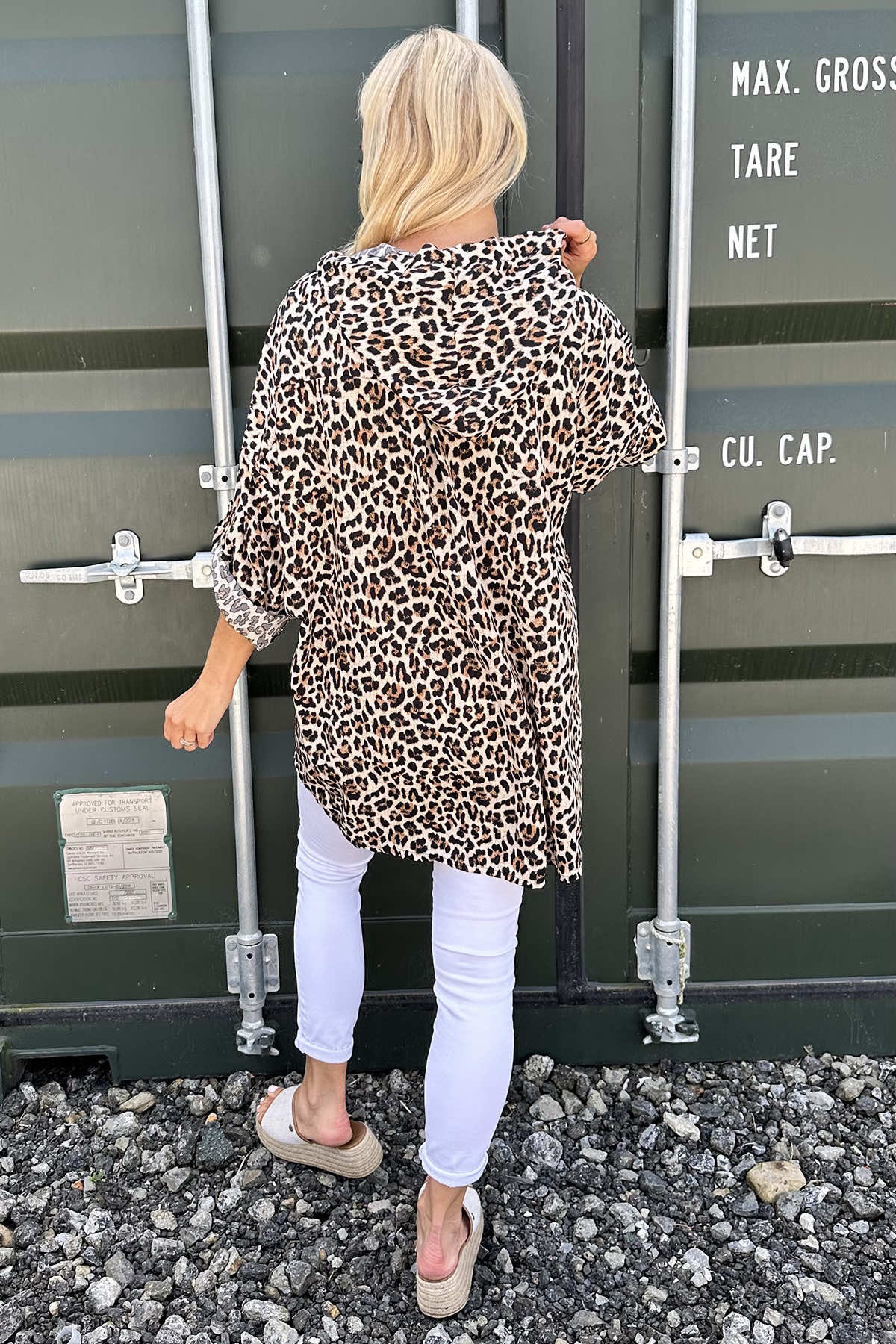 Carly Leopard Print Button Hooded Top Stone