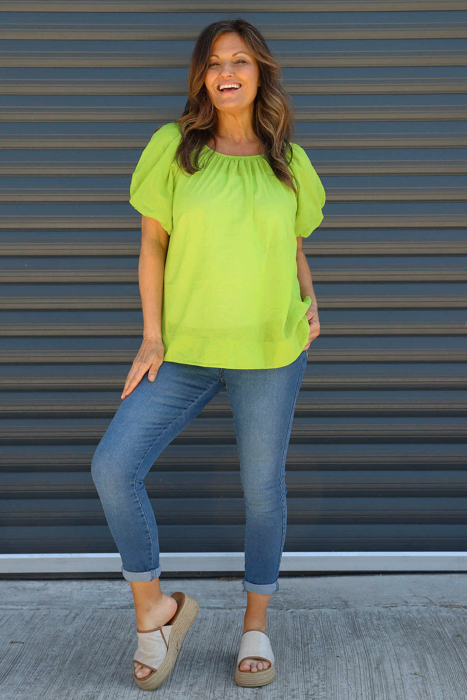 Bude Puff Sleeve Cotton Top Green