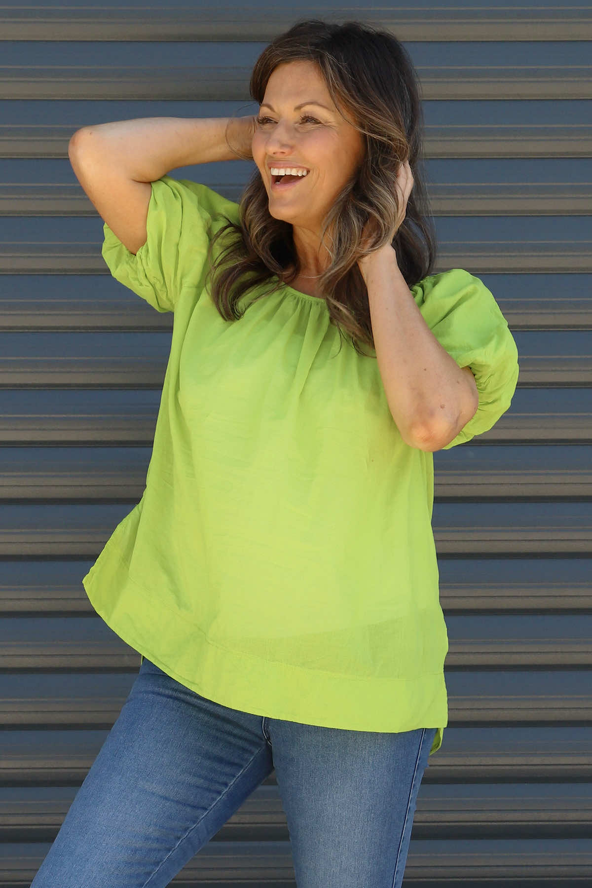 Bude Puff Sleeve Cotton Top Green